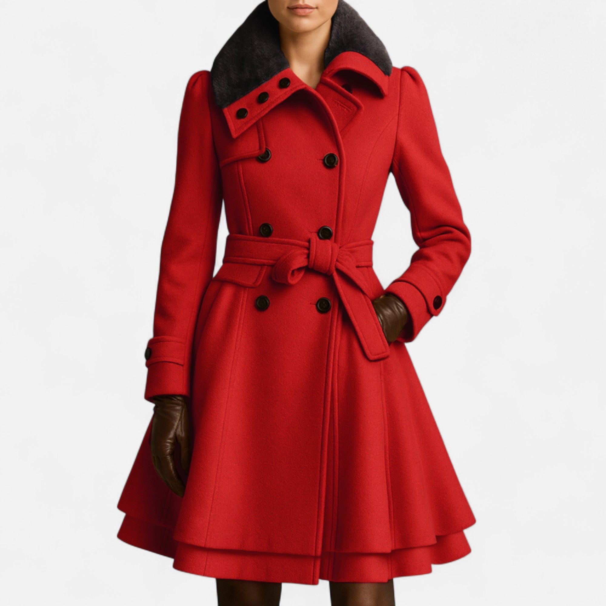 Valantomode | Women’s Wool Belted Fur-Collar Coat