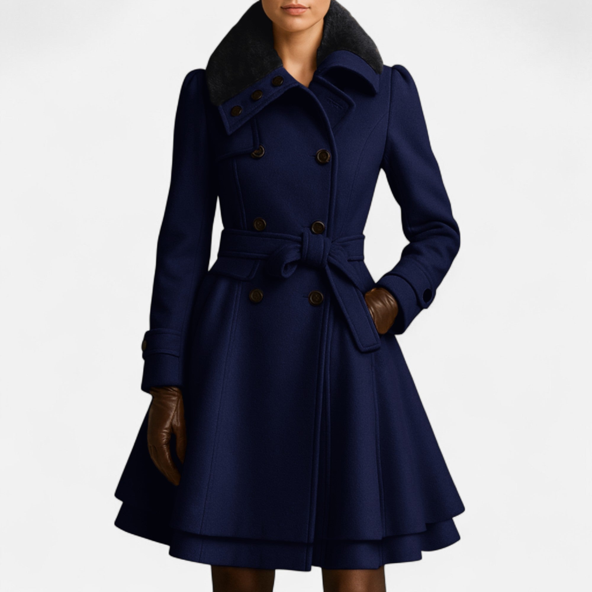 Valantomode | Women’s Wool Belted Fur-Collar Coat
