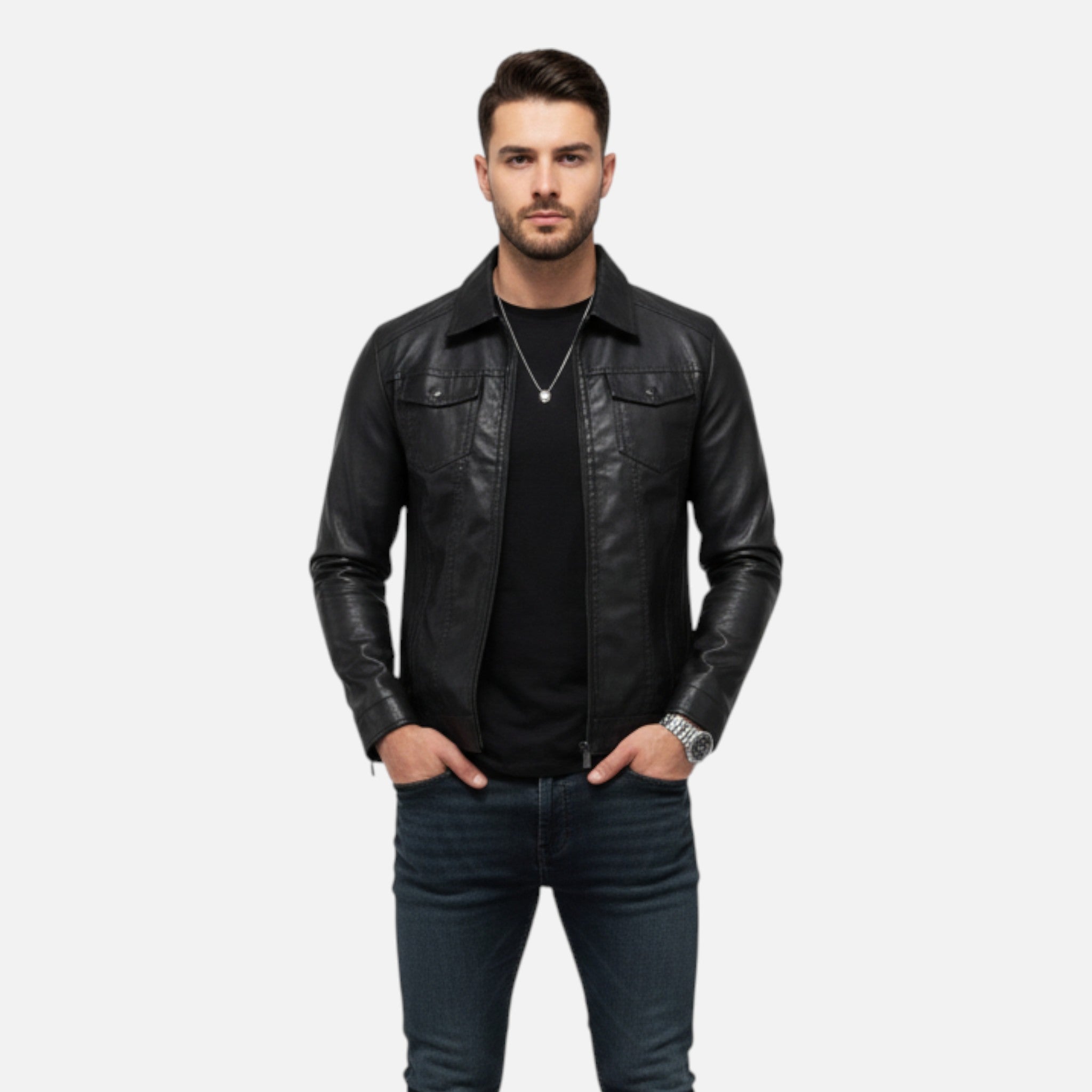 ValantoMode | Men’s Black Leather Coat – Modern Fit
