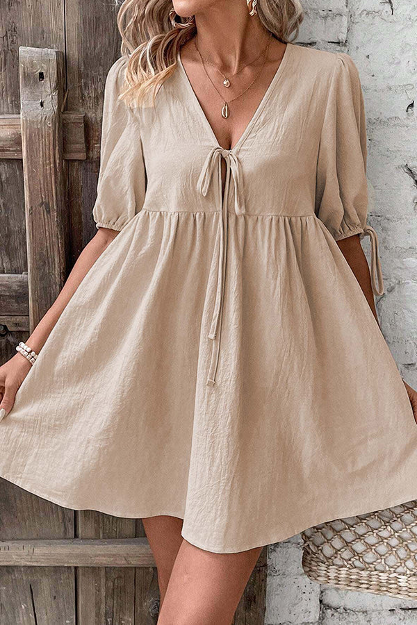 Valantomode | V Neck Tie Front Casual Mini Dress for Effortless Style