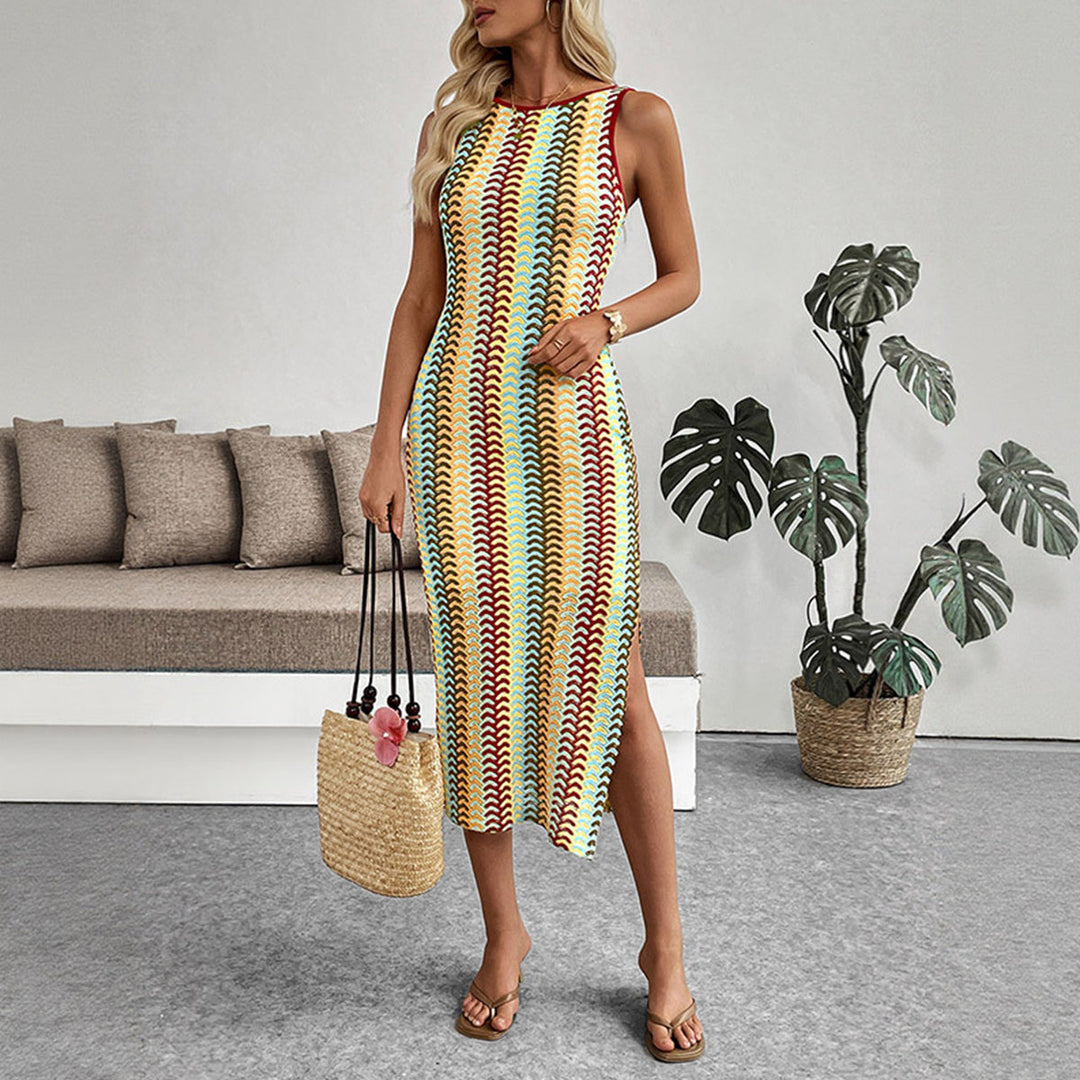 Valantomode | Chic Colorful Striped Slim Dress with Side Slit