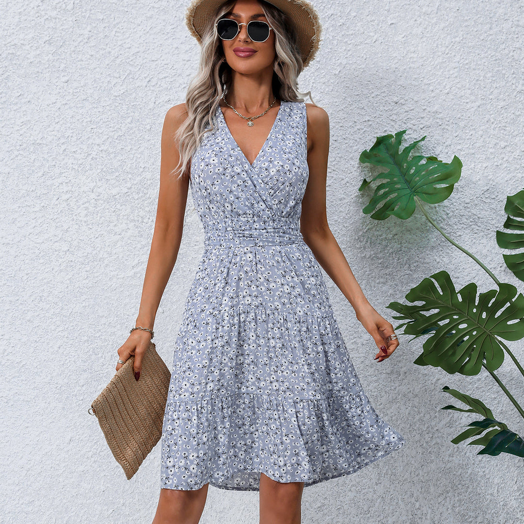 Valantomode | Chic Floral V-Neck Tie Waist Dress for Effortless Style