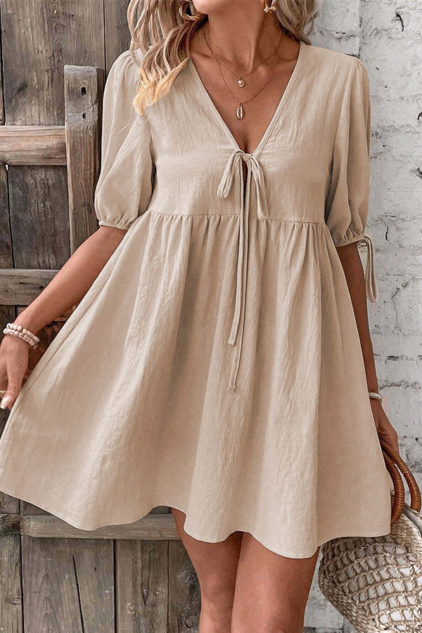 Valantomode | V Neck Tie Front Casual Mini Dress for Effortless Style