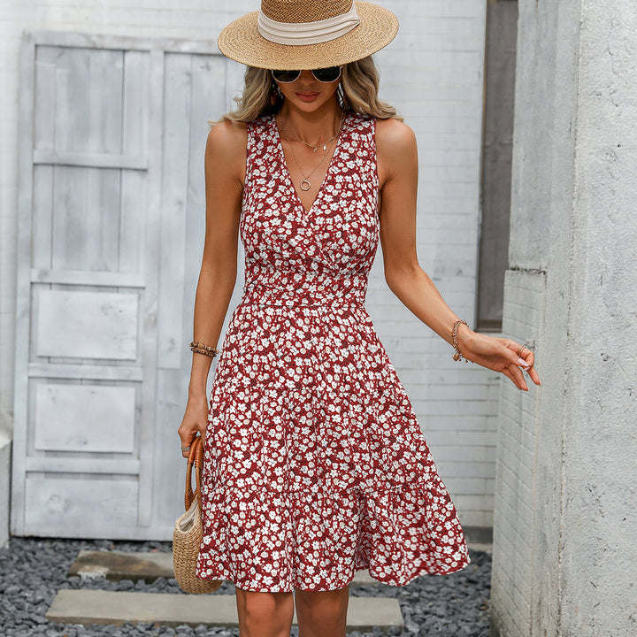 Valantomode | V Neck Floral Tie Waist Dress for Effortless Style