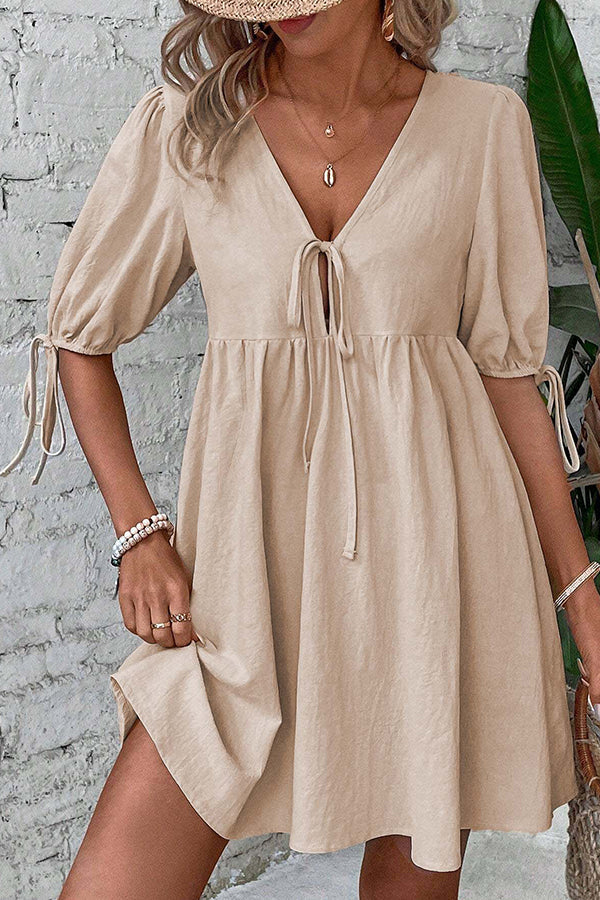 Valantomode | V Neck Tie Front Casual Mini Dress for Effortless Style