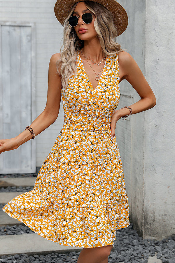 Valantomode | V Neck Floral Tie Waist Dress for Effortless Style