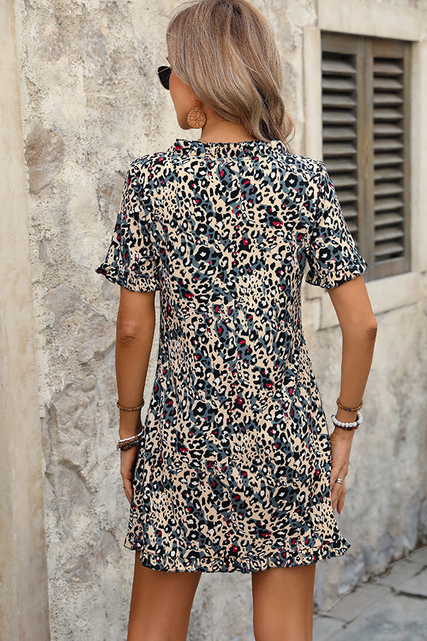 Valantomode | Chic Leopard Print V Neck Frill Casual Dress for Effortless Style