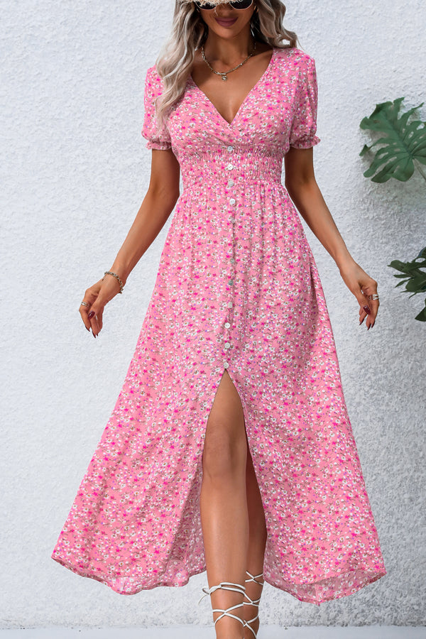 Valantomode | Pink V Neck Split Maxi Dress with Smocked Waist