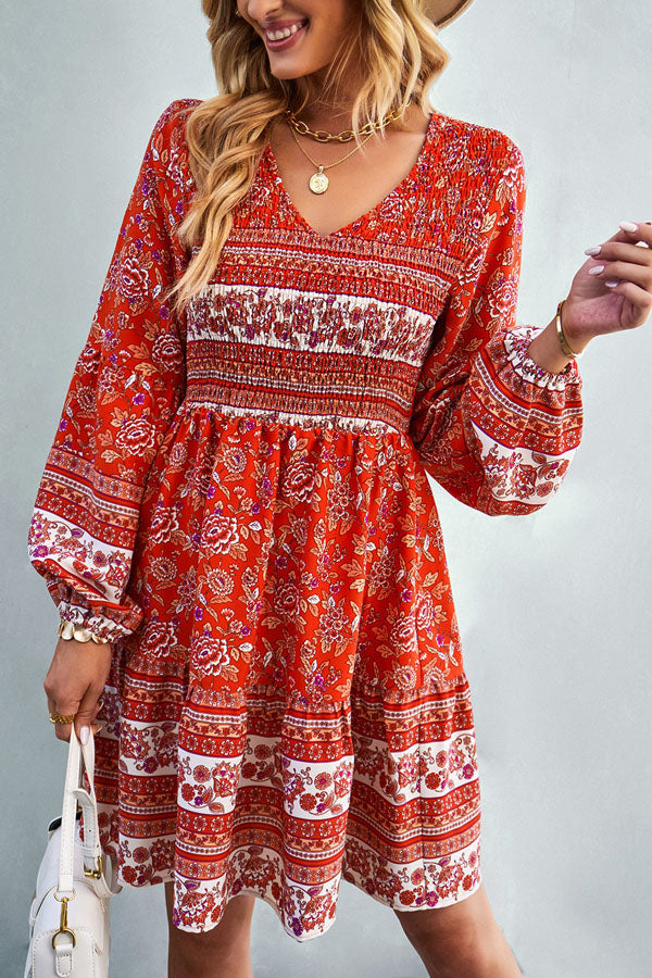 Valantomode | Bohemian Smocked Long Sleeve Printed Beach Dress