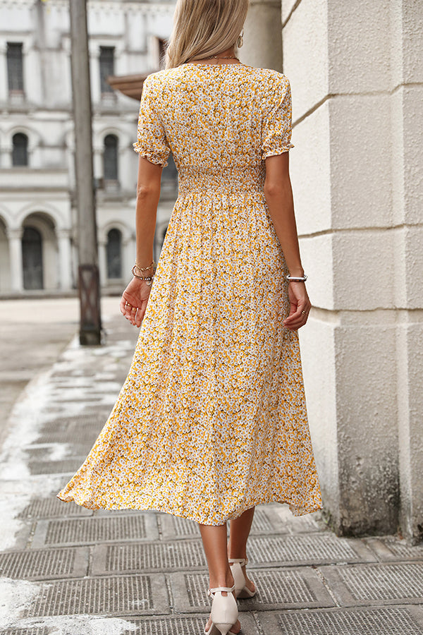 Valantomode | Chic V Neck Split Maxi Dress with Smocked Waist Design