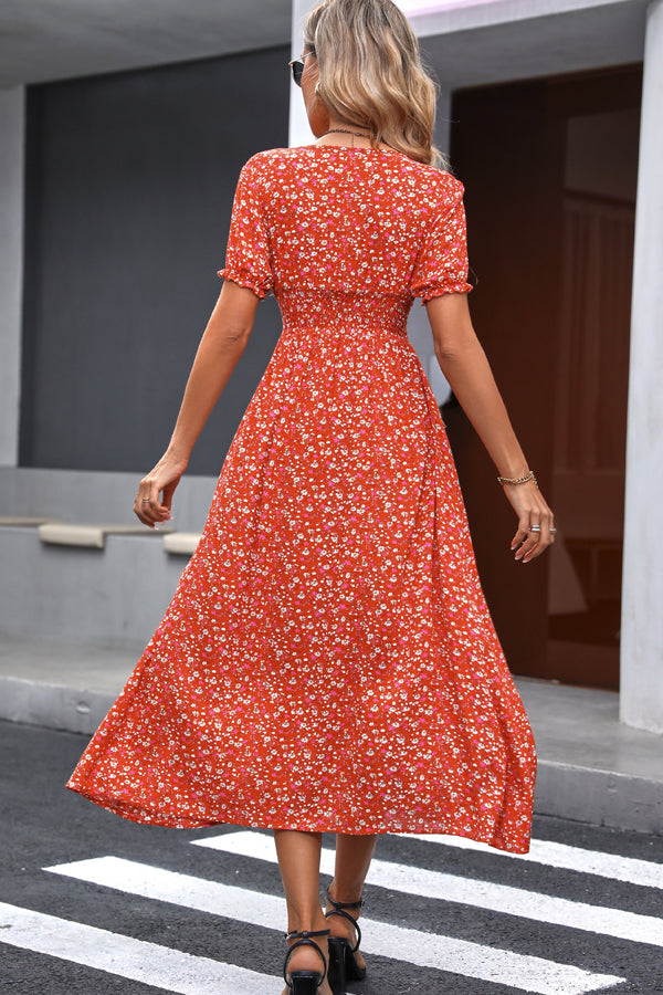 Valantomode | Elegant V Neck Split Maxi Dress with Smocked Waist