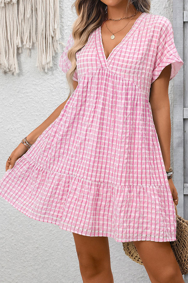 Valantomode | Chic V Neck Mini Dress with Trendy Plaid Print