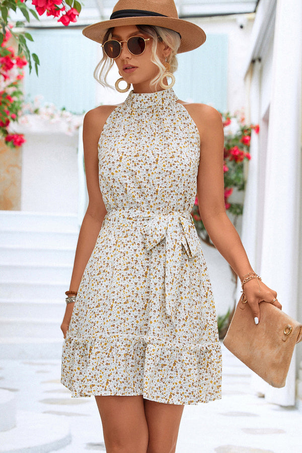 Valantomode | Floral Halter Neck Mini Dress for Beach Vibes