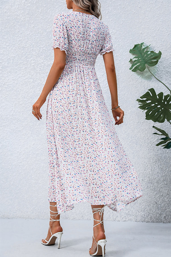 Valantomode | Floral Print V Neck Smocked Maxi Dress for Beach Style