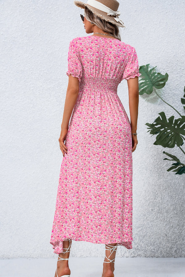 Valantomode | Pink V Neck Split Maxi Dress with Smocked Waist
