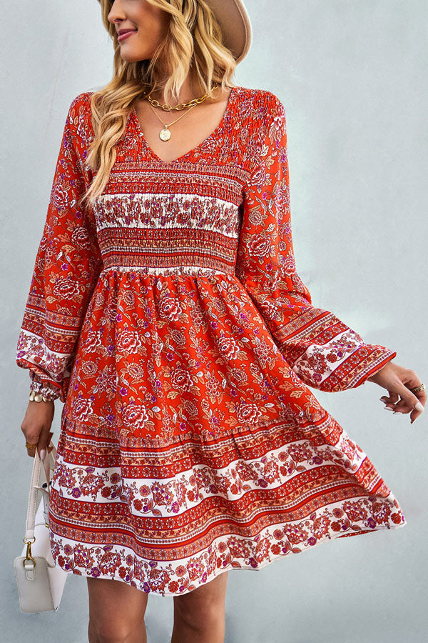 Valantomode | Bohemian Smocked Long Sleeve Printed Beach Dress