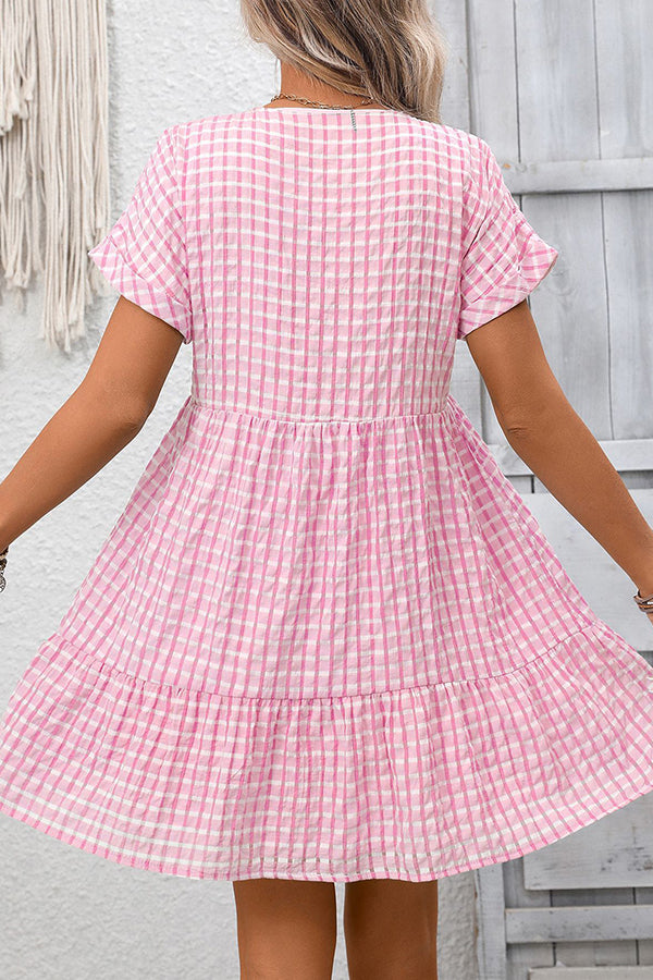 Valantomode | Chic V Neck Mini Dress with Trendy Plaid Print