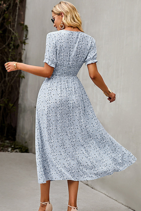 Valantomode | Floral Print V Neck Smocked Maxi Dress for Effortless Style