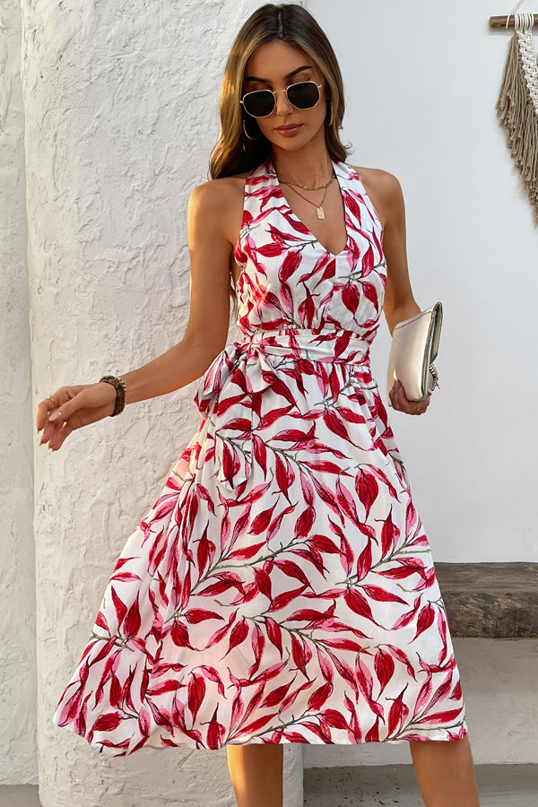 Valantomode | Chic V Neck Midi Dress with Tie Waist for Effortless Style