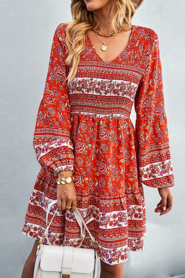Valantomode | Bohemian Smocked Long Sleeve Printed Beach Dress