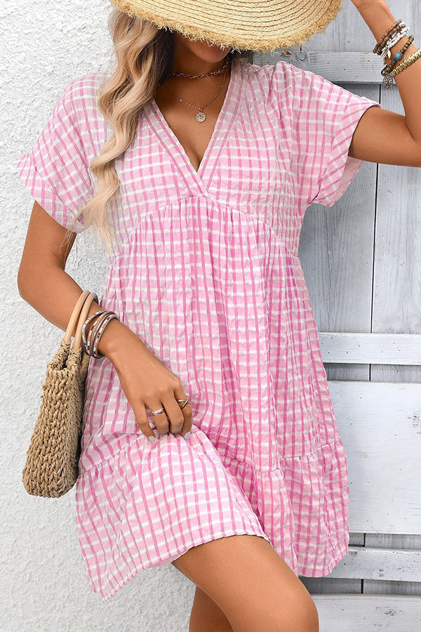 Valantomode | Chic V Neck Mini Dress with Trendy Plaid Print