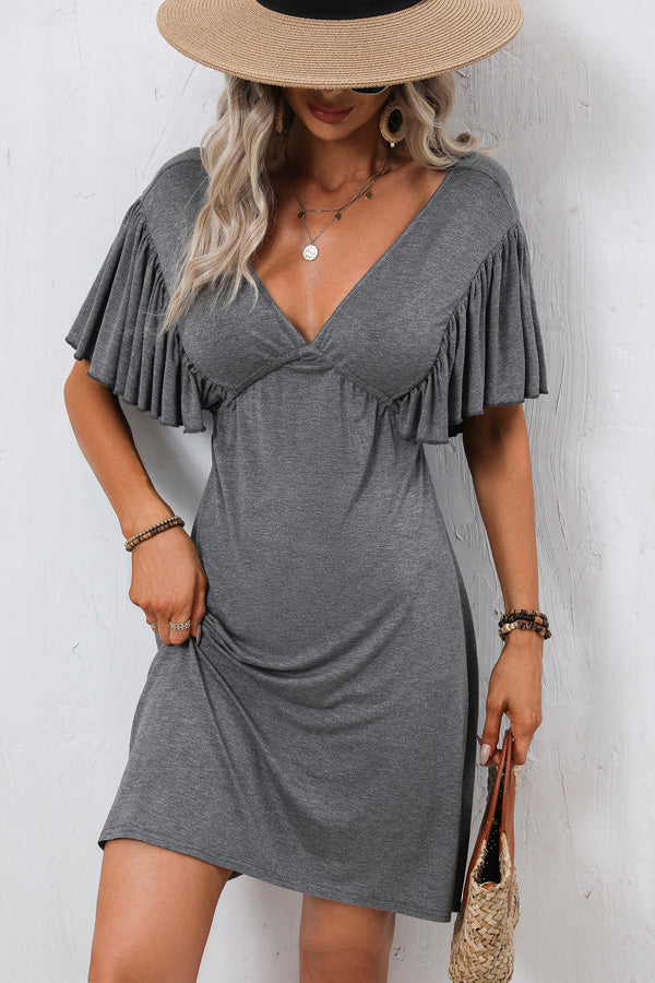 Valantomode | Ruffle Sleeve V Neck Casual Mini Dress for Effortless Style