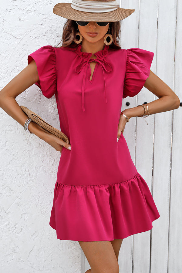 Valantomode | Chic Ruffle Sleeve V-Neck Solid Dress for Effortless Style