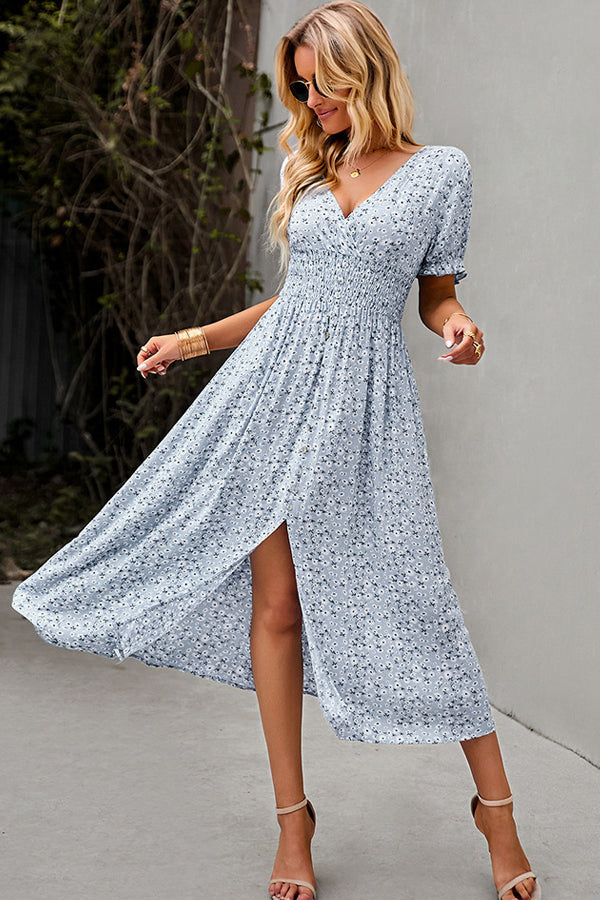 Valantomode | Floral Print V Neck Smocked Maxi Dress for Effortless Style