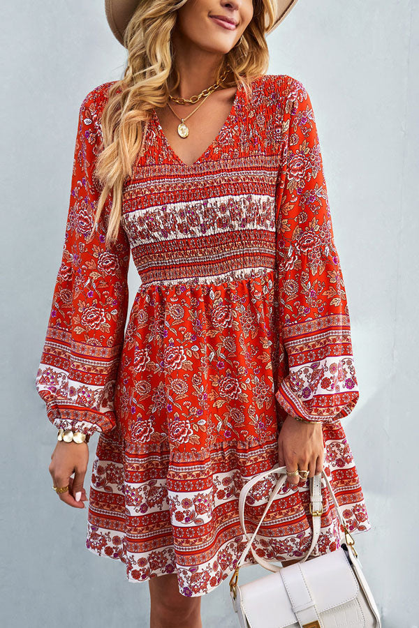 Valantomode | Bohemian Smocked Long Sleeve Printed Beach Dress