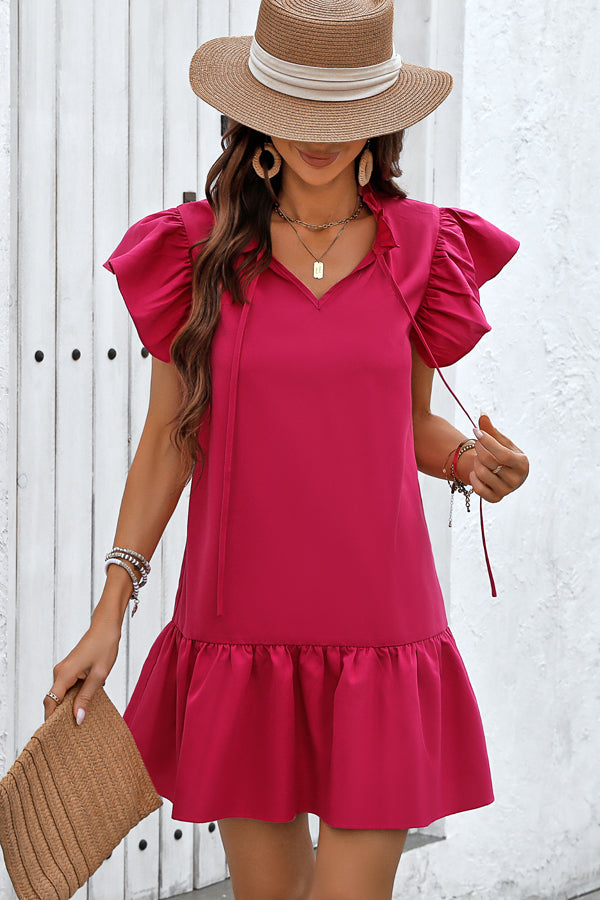Valantomode | Chic Ruffle Sleeve V-Neck Solid Dress for Effortless Style