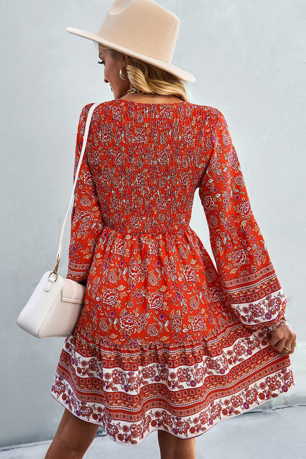 Valantomode | Bohemian Smocked Long Sleeve Printed Beach Dress