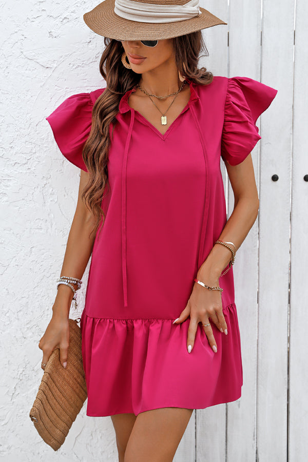 Valantomode | Chic Ruffle Sleeve V-Neck Solid Dress for Effortless Style