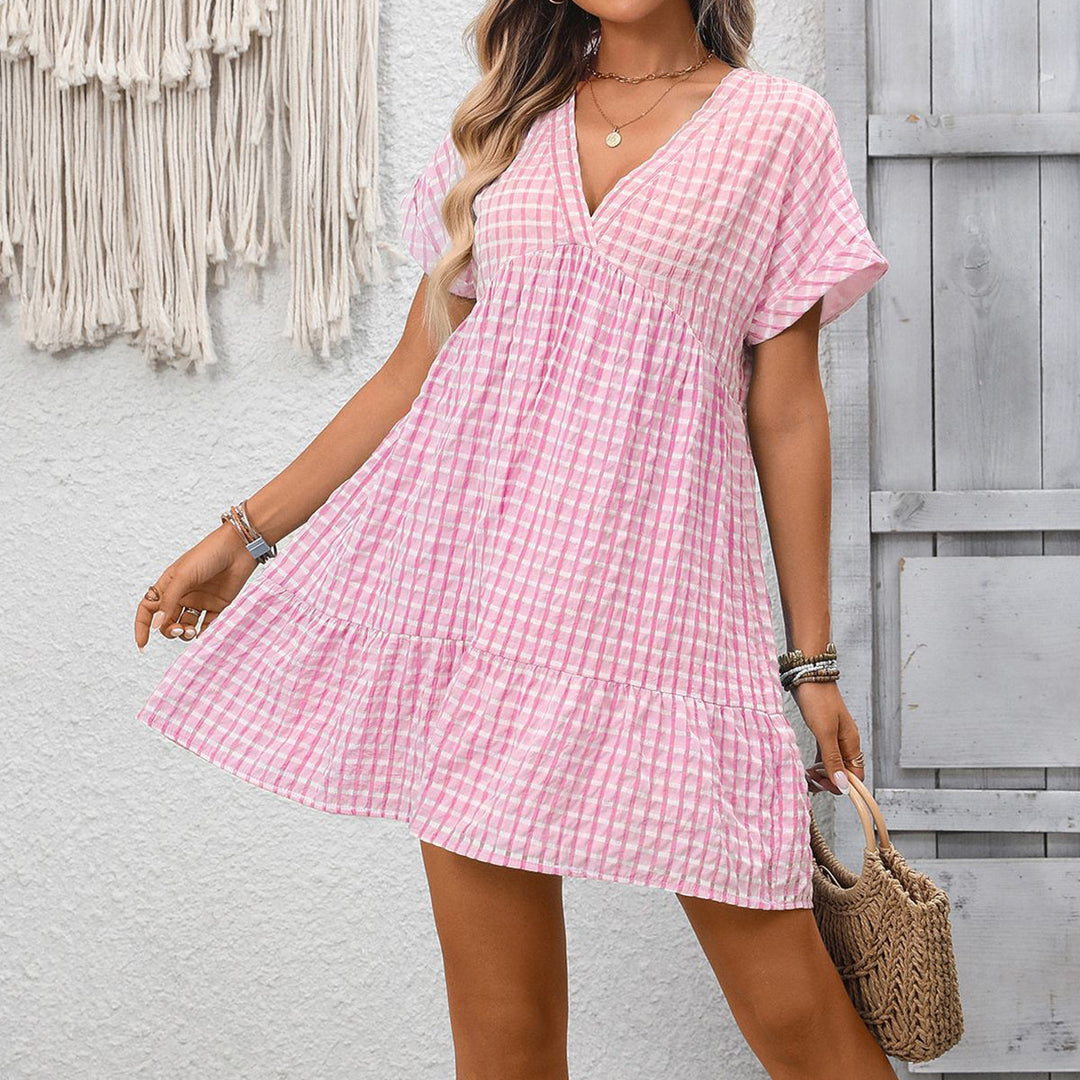 Valantomode | Chic V Neck Mini Dress with Trendy Plaid Print