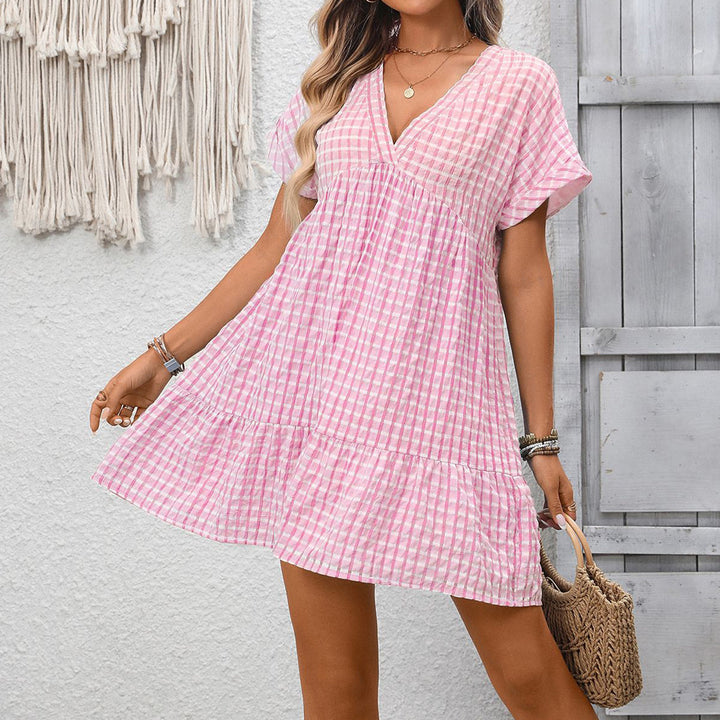 Valantomode | Chic V Neck Mini Dress with Trendy Plaid Print