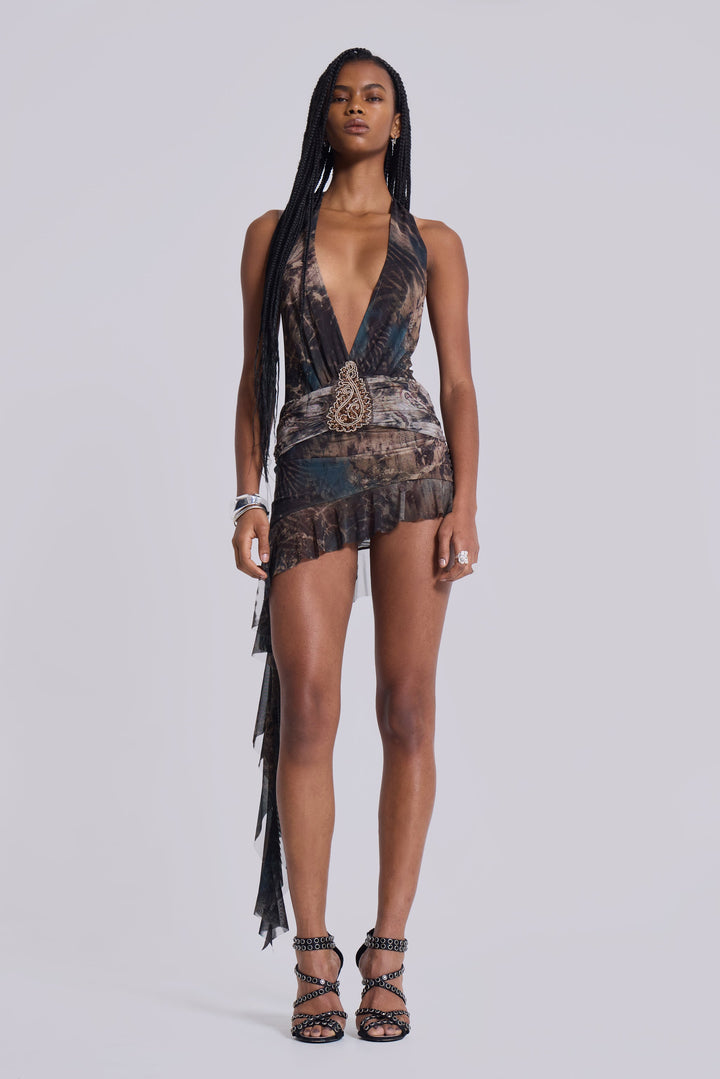 Valantomode | Chic Brown Mini Dress with Plunge Neckline for Night Out