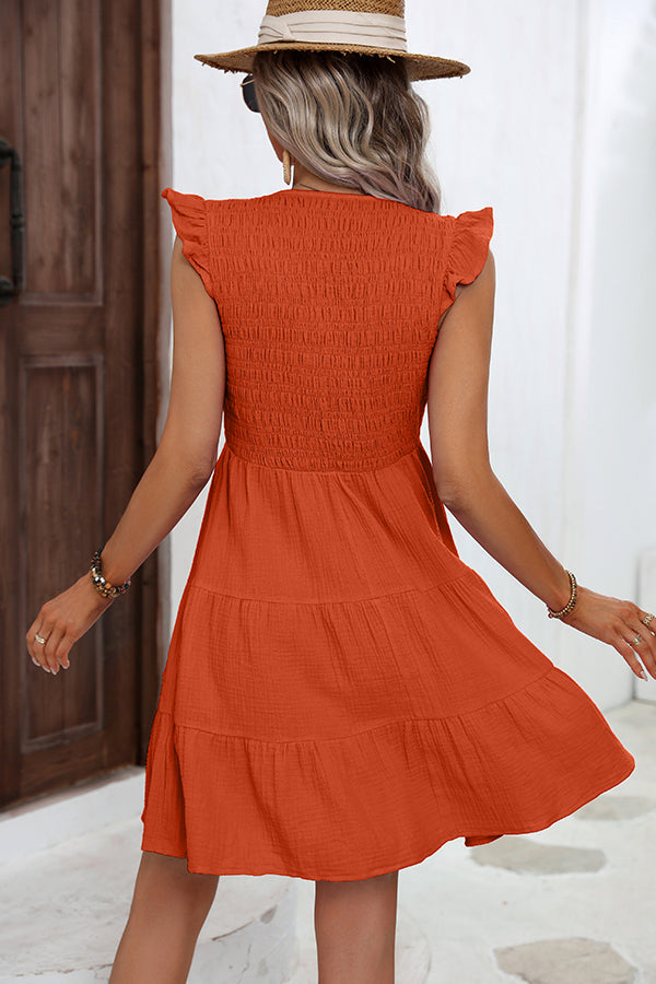 Valantomode | Chic Solid Color Smocked Mini Dress with Ruffle Hem