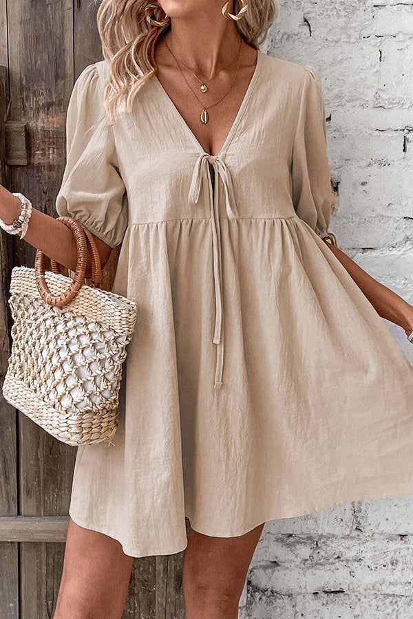 Valantomode | V Neck Tie Front Casual Mini Dress for Effortless Style
