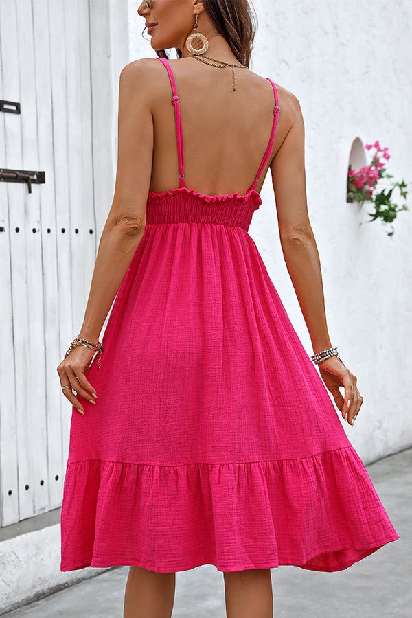Valantomode | V Neck Frill Dress with Smocked Waist for Casual Elegance