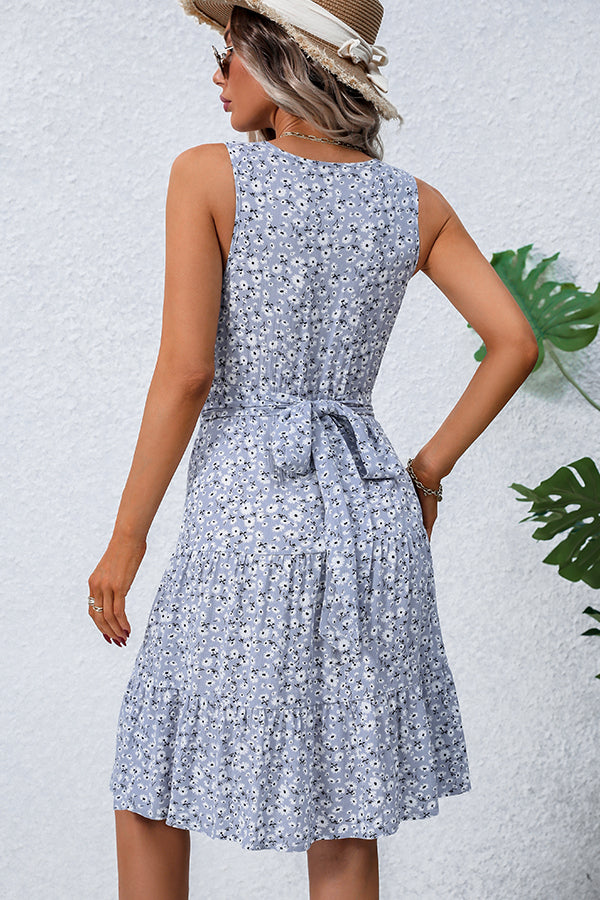 Valantomode | Chic Floral V-Neck Tie Waist Dress for Effortless Style