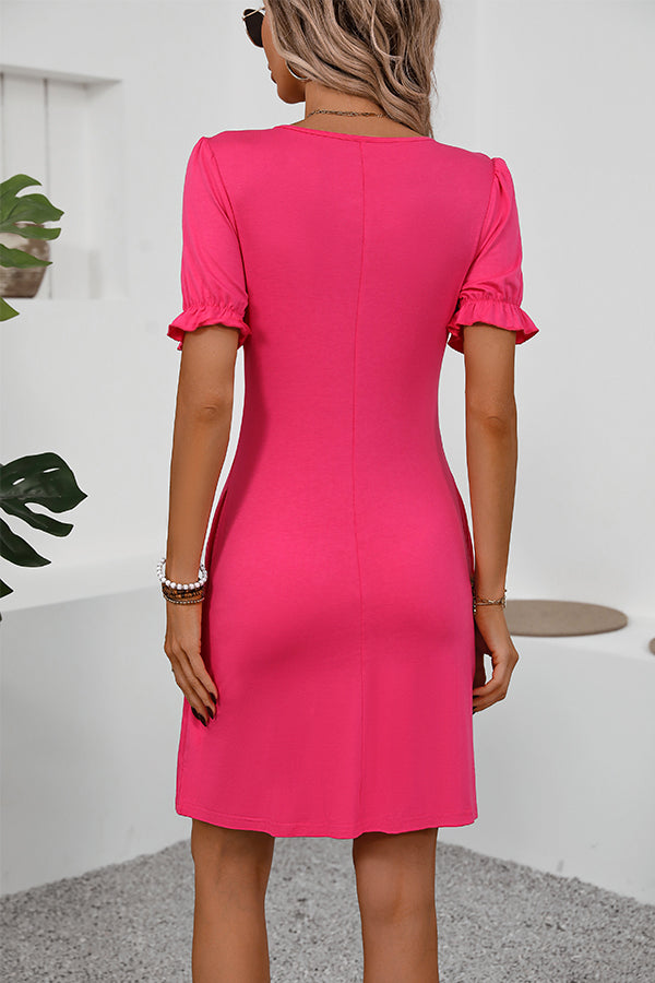 Valantomode | Chic Solid Frill Mini Dress with Round Neck