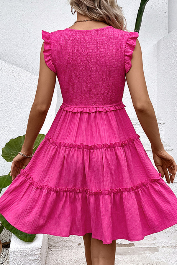 Valantomode | V Neck Frill Casual Dress - Solid Smocked Beachwear
