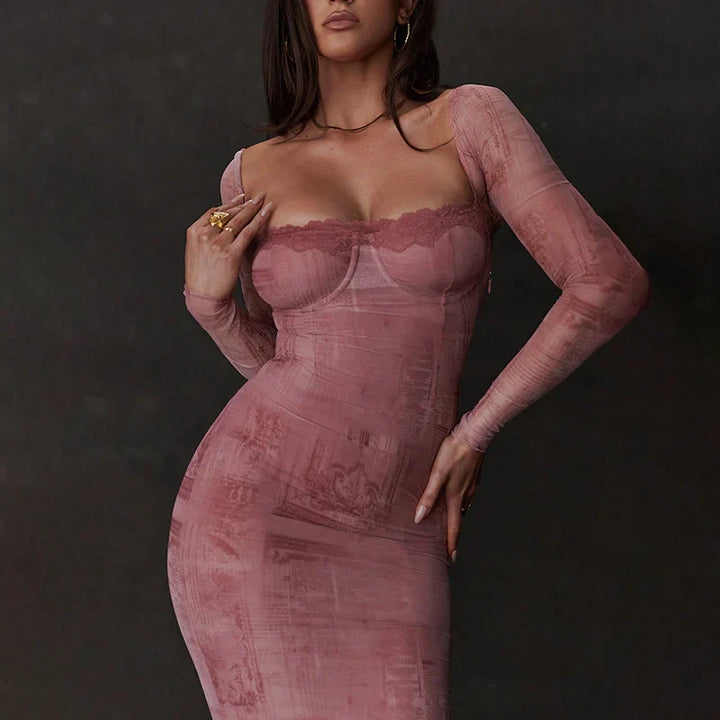 Valantomode | Elegant Pink Bodycon Midi Dress for Women’s Gala Events