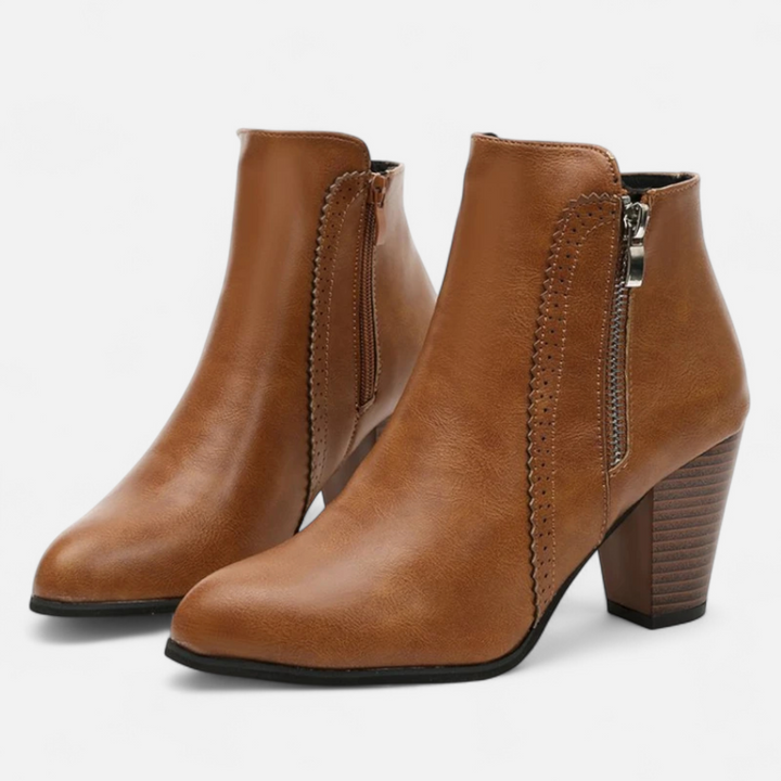 Valantomode | Women’s Vintage Zip-Heel Boots - Retro Block Heel Leather Booties