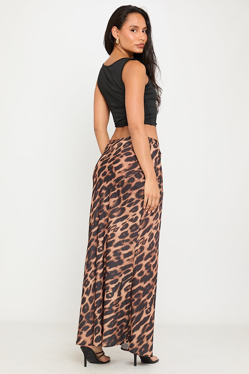 Valantomode | Chic Leopard Print Satin Maxi Skirt with High Waist Design
