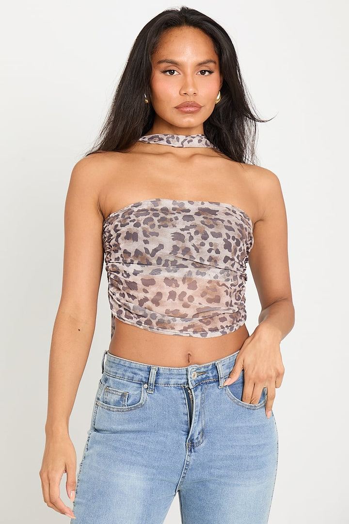 Valantomode | Chic Leopard Ruched Bandeau Top with Stylish Scarf