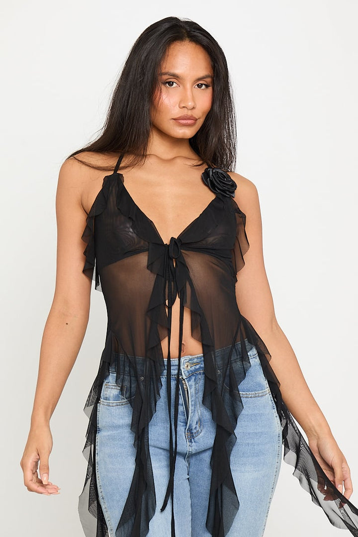 Valantomode | Plunge Halter Ruffle Top in Black Sheer Mesh