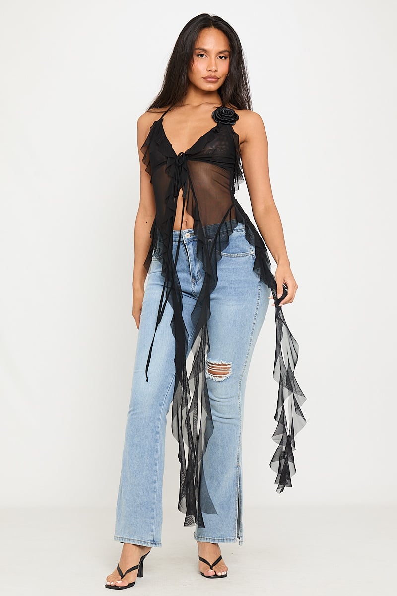 Valantomode | Plunge Halter Ruffle Top in Black Sheer Mesh