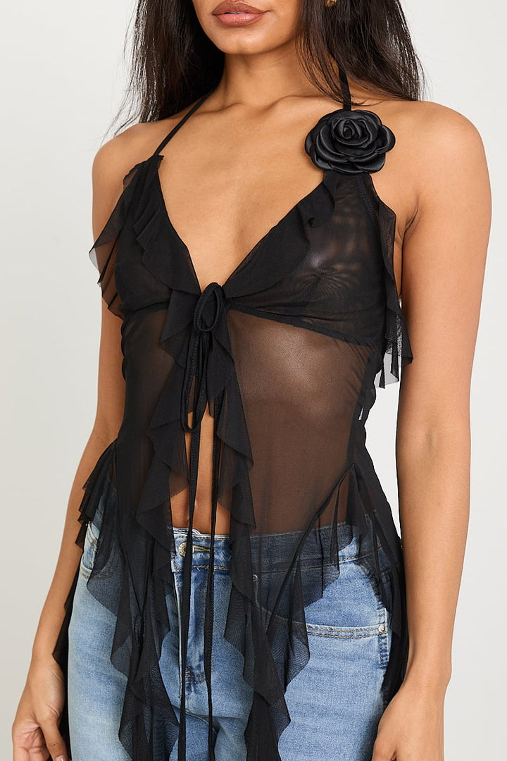 Valantomode | Plunge Halter Ruffle Top in Black Sheer Mesh
