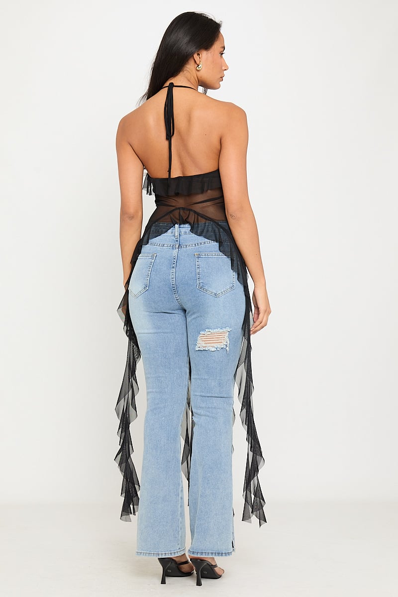 Valantomode | Plunge Halter Ruffle Top in Black Sheer Mesh