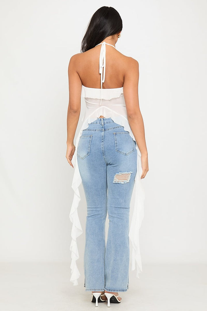 Valantomode | Sheer Plunge Halter Ruffle Top in White Mesh